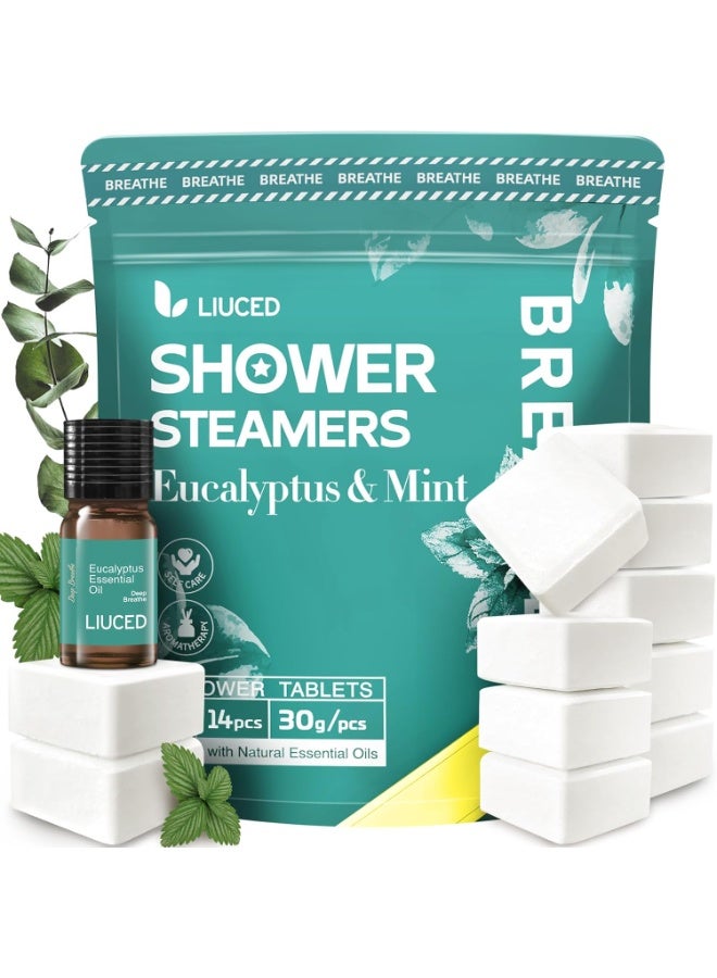 Shower Steamers Aromatherapy - 14 Pack Eucalyptus & Mint Shower Bombs and 5ml Natural Eucalyptus Essential Oils, Eucalyptus for Shower, Sinus Relief, Gifts for Mom Wife, Christmas Gifts for Women Men